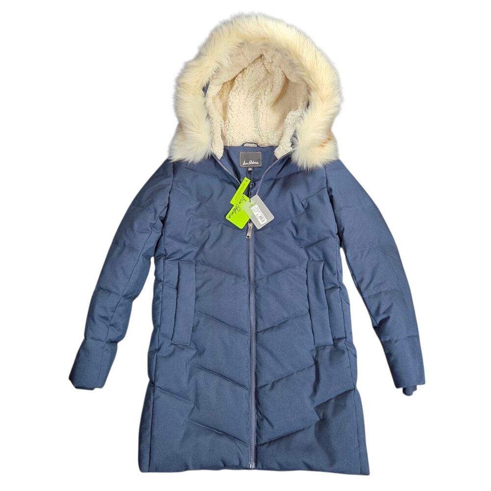 NWT Sam Edelman Women’s Dark Blue Puffer Jacket Fur Hooded‎ Quilted Size XS Coat